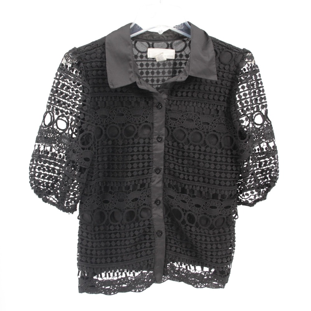 Women's Black Lace Crochet Button Front Blouse Top Sheer Collared Size S